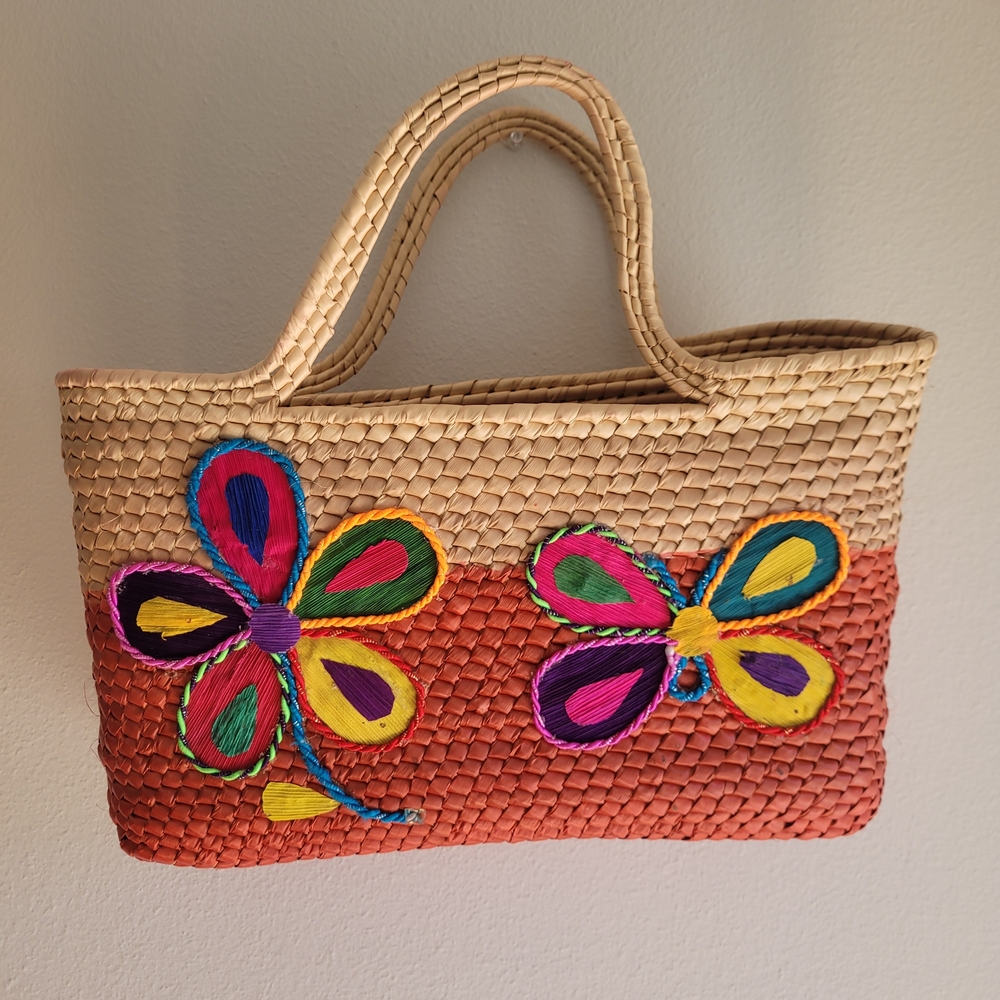 Colorful Woven Tote Bag with Butterfly Design